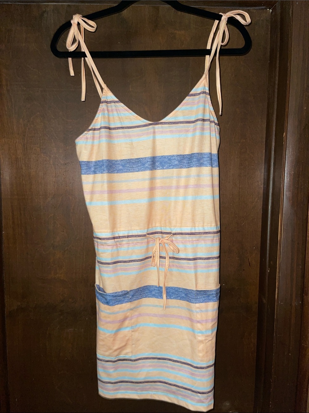 Tie-Shoulder Striped Midi Dress in Peach and Blue